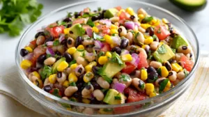 Colorful bowl of Texas caviar made with black beans, black-eyed peas, corn, tomatoes, red onion, cilantro, and avocado in natural light.
