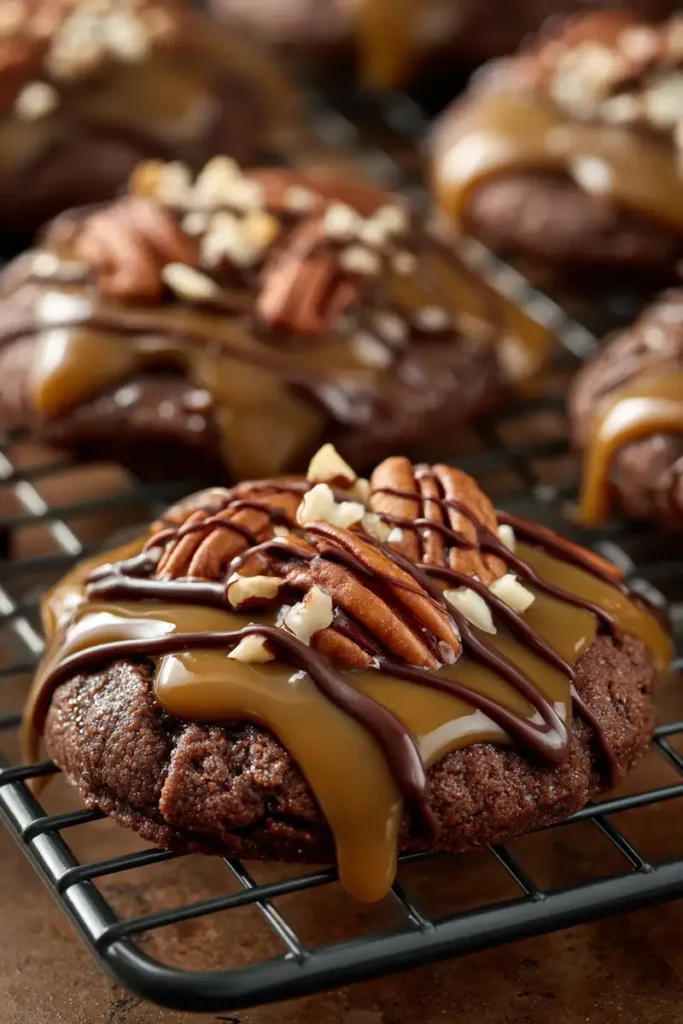 Homemade turtle cookies topped with caramel, melted chocolate, and chopped pecans
