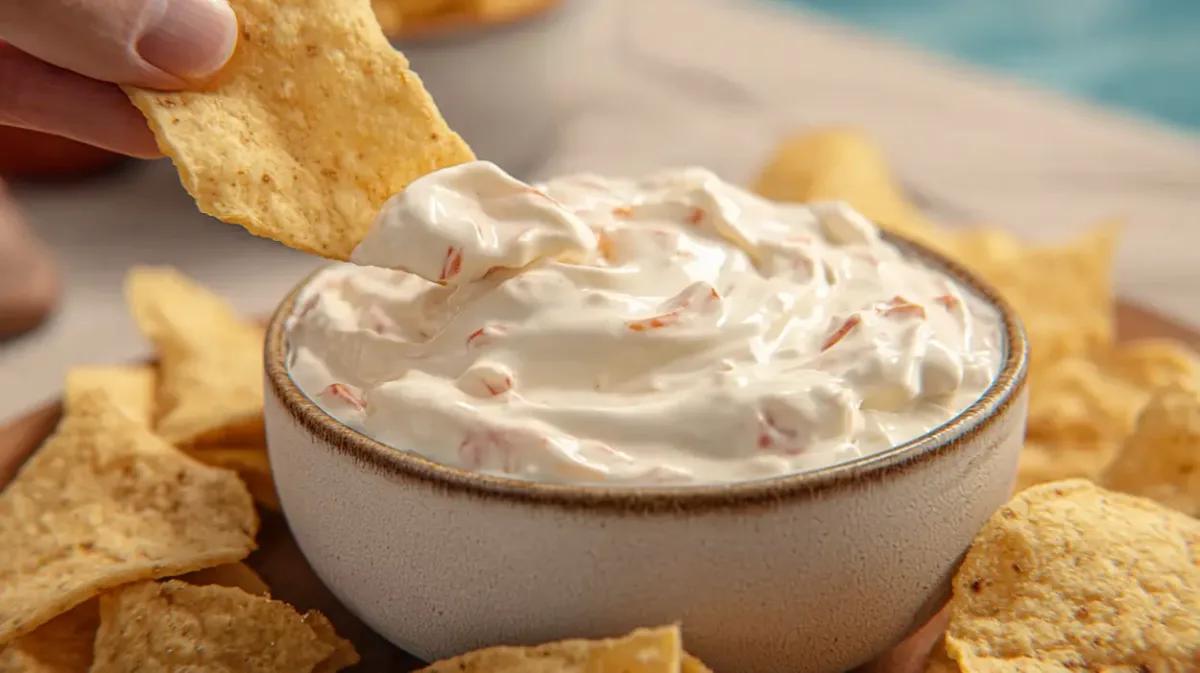 Creamy viral boat dip recipe served in a white bowl with shredded cheese and diced tomatoes, surrounded by tortilla chips on a bright summer table.