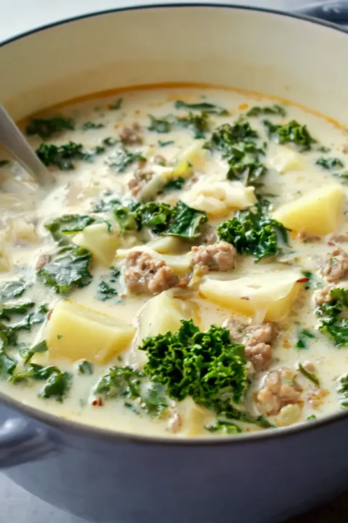Creamy zuppa toscana soup with sausage, potatoes, kale, and bacon in a bowl
