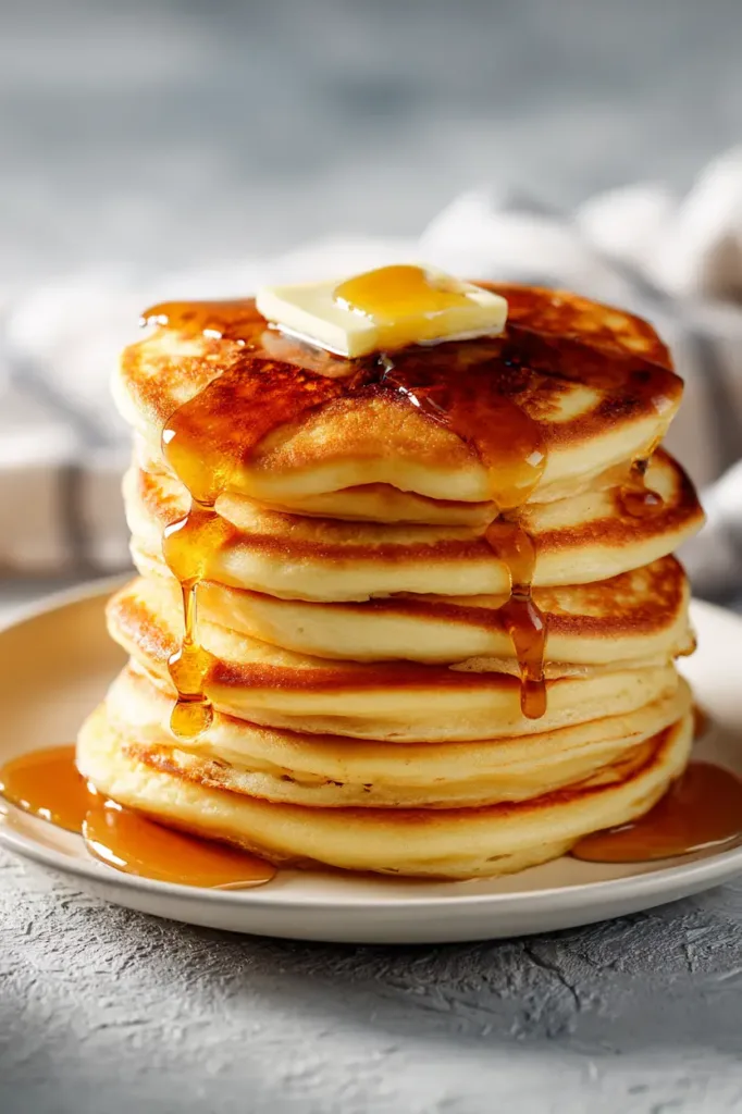 Stack of fluffy homemade pancakes with butter and syrup made using an easy pancake recipe