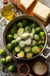 Fresh brussels sprouts, shredded mozzarella, parmesan cheese, heavy cream, garlic, and Italian seasoning arranged on a flat surface