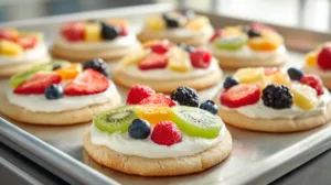 Fruit pizza cookies topped with cream cheese frosting and fresh strawberries, blueberries, and kiwi on soft sugar cookies