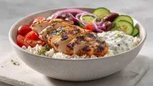 Greek Chicken Bowls with juicy baked chicken, rice, fresh vegetables, olives, and creamy homemade tzatziki in a Mediterranean bowl