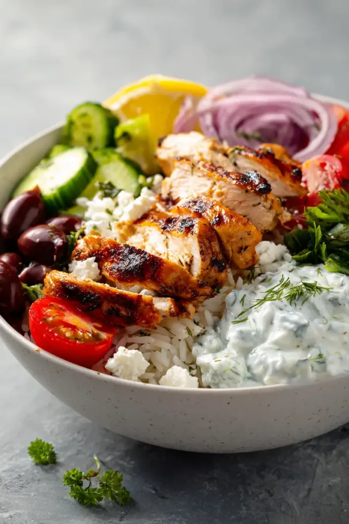 Greek chicken bowls with juicy baked chicken, rice, fresh vegetables, and homemade tzatziki sauce served in a Mediterranean bowl