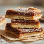 Close-up of homemade churro toffee bars stacked on parchment paper showing buttery toffee layers, melted chocolate topping, and cinnamon sugar coating in warm natural light