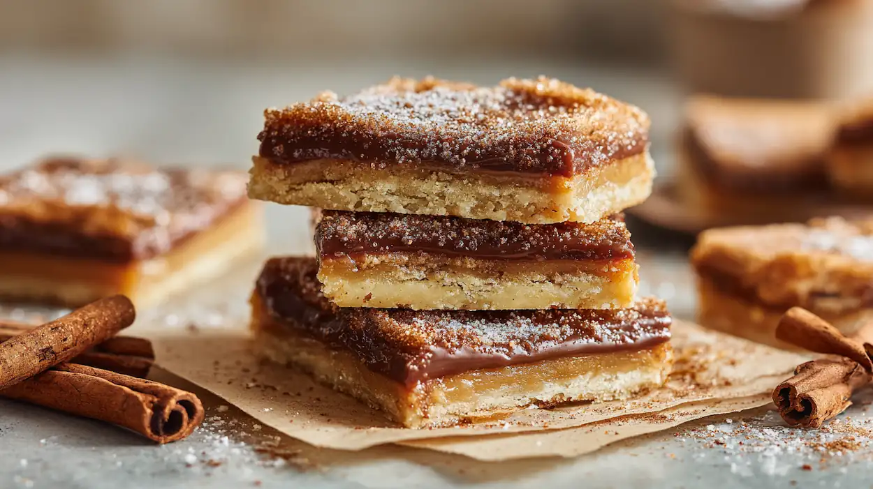 Churro Toffee Recipe (Easy Disneyland Copycat Treat) 4 Close-up of homemade churro toffee bars stacked on parchment paper showing buttery toffee layers, melted chocolate topping, and cinnamon sugar coating in warm natural light