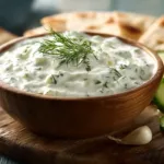 Sauce tzatziki maison crémeuse dans un bol, garnie d’aneth frais et accompagnée de concombre râpé et d’huile d’olive