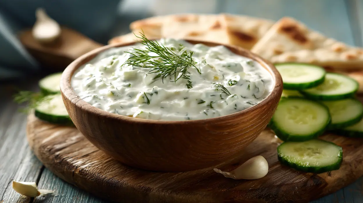 Sauce tzatziki maison crémeuse dans un bol, garnie d’aneth frais et accompagnée de concombre râpé et d’huile d’olive