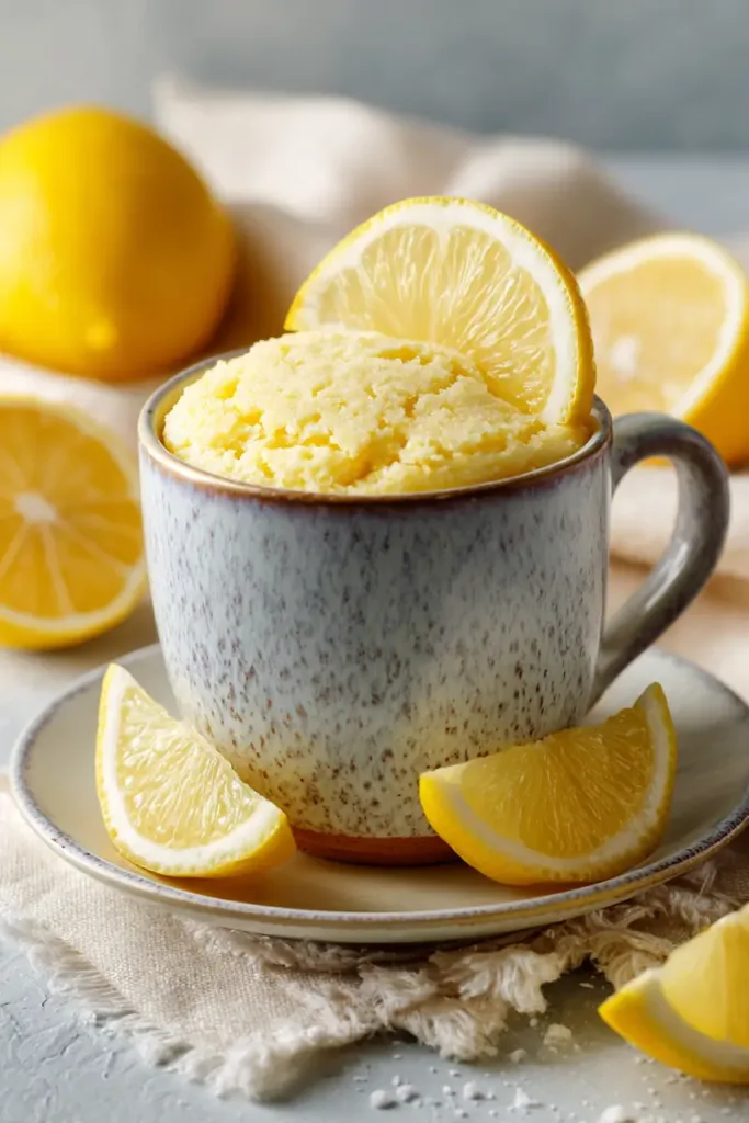 Vertical Pinterest image showing 2 minute lemon mug cake with text overlay and fresh lemon slices