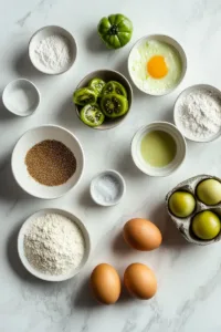 Fresh green tomatoes, cornmeal, flour, eggs, buttermilk, salt, pepper, and paprika arranged in small bowls on a light kitchen countertop.