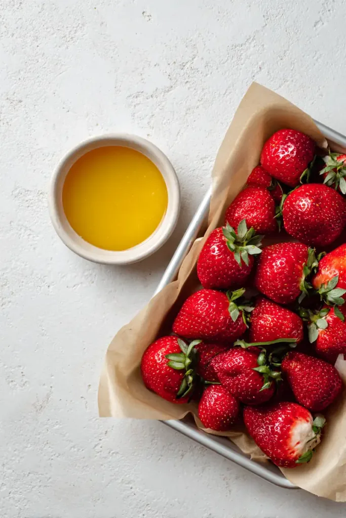 Strawberries, lemon juice, and honey for 3 ingredient fruit leather recipe in the oven