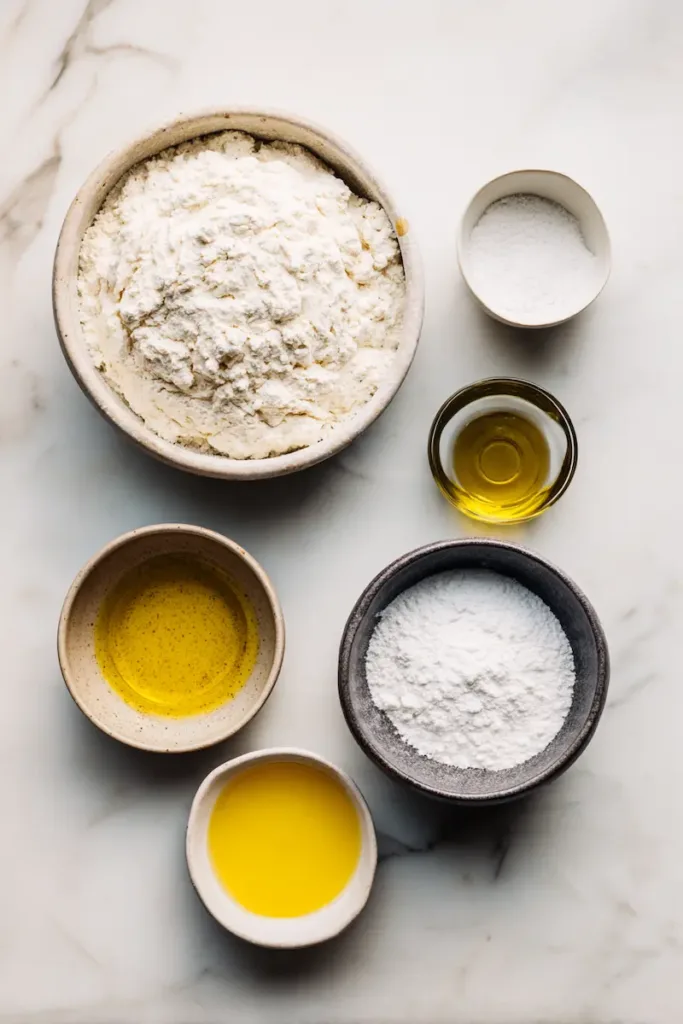 Flat lay of ingredients for sourdough discard tortillas including starter discard, flour, olive oil, salt, and water.
