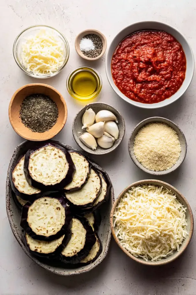 Crispy Baked Eggplant Parmesan Recipe (Authentic Italian Comfort Food Made Easy) 3 Flat lay of ingredients for baked eggplant parmesan including sliced eggplant, marinara sauce, mozzarella, parmesan, breadcrumbs, olive oil, and garlic