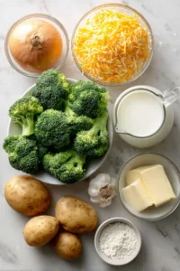Flat lay of ingredients for broccoli cheddar potato soup including fresh broccoli, diced potatoes, shredded cheddar cheese, onion, garlic, milk, butter, and broth.