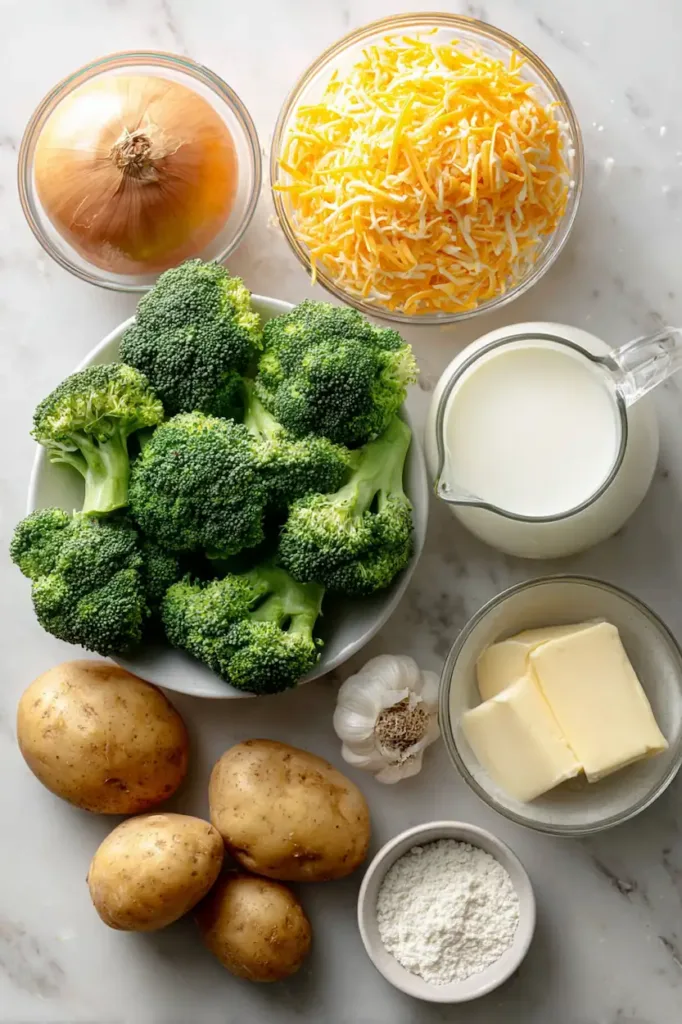 Flat lay of ingredients for broccoli cheddar potato soup including fresh broccoli, diced potatoes, shredded cheddar cheese, onion, garlic, milk, butter, and broth.