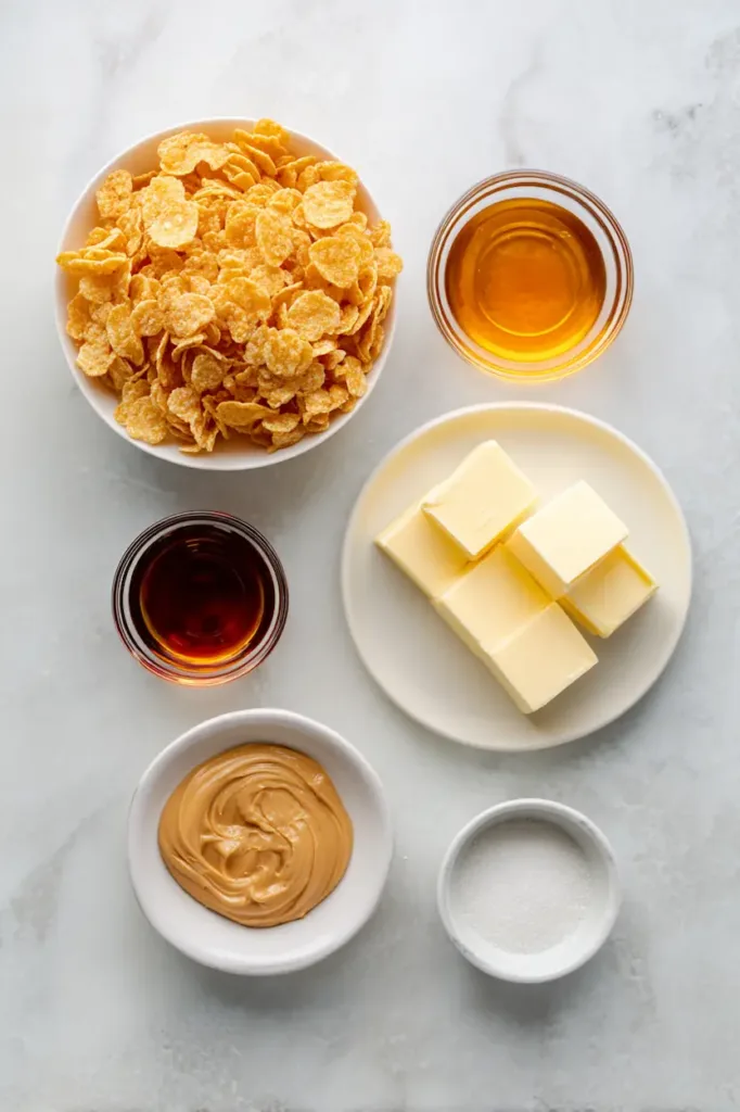 Easy Corn Flake Cookies (No Bake & Budget-Friendly) 3 Flat lay of ingredients for easy corn flake cookies including cornflakes, peanut butter, sugar, butter, corn syrup, and vanilla.