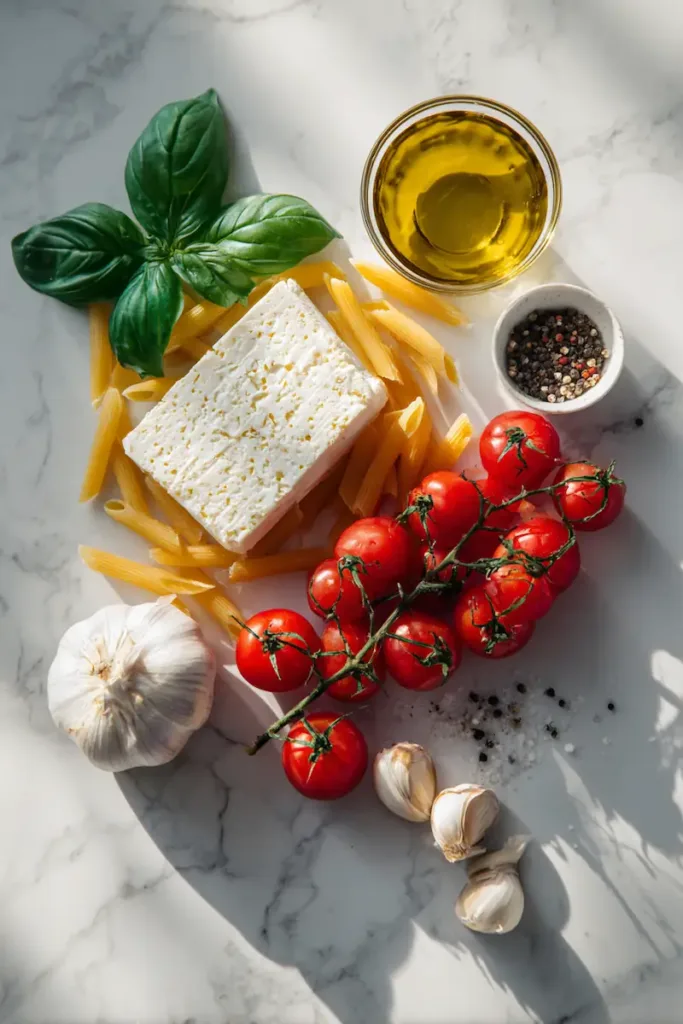 Creamy Baked Feta Tomato Pasta Recipe (Easy, Viral & High-Protein) 3 Flat lay of ingredients for creamy baked feta tomato pasta including block feta, cherry tomatoes, garlic, olive oil, pasta, and fresh basil on a marble surface.