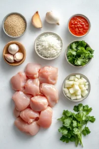 Easy Instant Pot Coconut Chicken Curry (Creamy, High-Protein & Family-Friendly) 5 Flat lay of ingredients for Instant Pot coconut chicken curry including raw chicken, coconut milk, fresh ginger, garlic, curry powder, onion, and tomato paste on a light countertop.