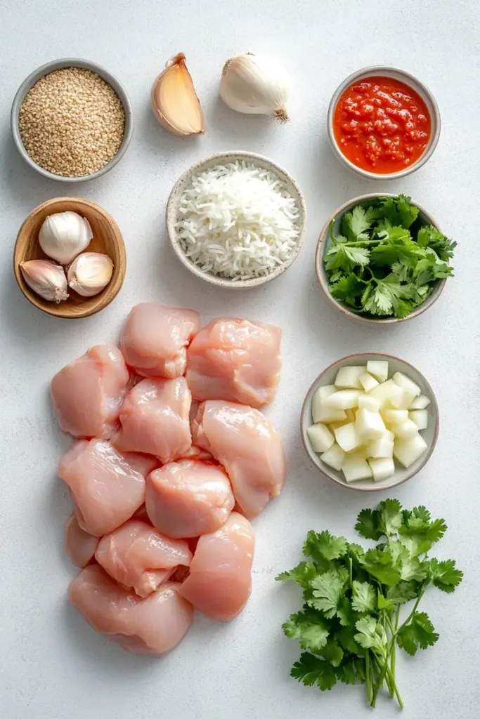 Easy Instant Pot Coconut Chicken Curry (Creamy, High-Protein & Family-Friendly) 3 Flat lay of ingredients for Instant Pot coconut chicken curry including raw chicken, coconut milk, fresh ginger, garlic, curry powder, onion, and tomato paste on a light countertop.