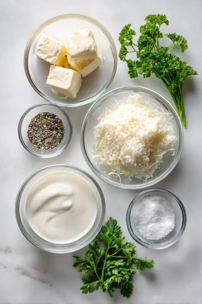 Flat lay of butter, minced garlic, heavy cream, grated parmesan cheese, salt, pepper, and parsley arranged in small bowls for garlic parmesan sauce.
