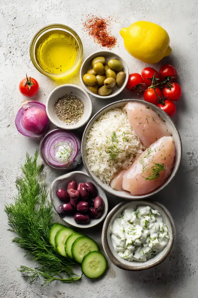 Ingredients for Greek Chicken Bowls including raw chicken breast, olive oil, lemon, garlic, rice, cucumber, tomatoes, olives, and Greek yogurt