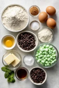 Easy Mint Chocolate Chip Cookies (Soft & Chewy, High-Protein Option) 5 Flat lay of ingredients for mint chocolate chip cookies including flour, butter, sugar, eggs, chocolate chips, mint chocolate chips, and peppermint extract in small bowls