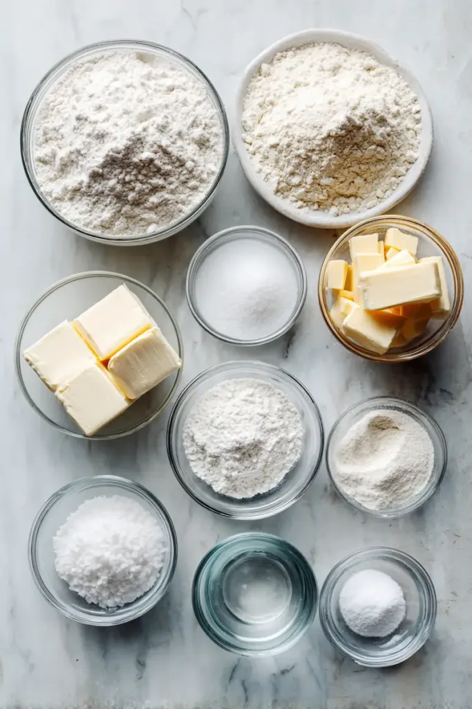 Easy Homemade Soft Pretzels Without Lye (Bakery-Style & Beginner Friendly) 3 Flat lay of ingredients for easy homemade soft pretzels without lye including flour, yeast, sugar, salt, butter, baking soda, and water in small bowls