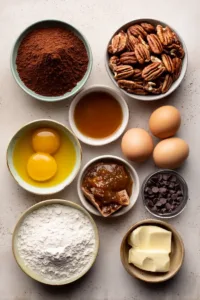 Ingredients for turtle cookies including cocoa powder, flour, butter, eggs, brown sugar, pecans, caramel, and chocolate chips