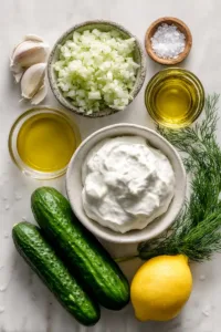 Ingrédients pour sauce tzatziki maison : yaourt grec, concombre râpé, ail, jus de citron, huile d’olive, aneth frais et sel