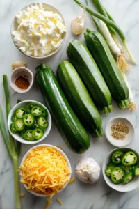 Ingredients for Jalapeno Popper Zucchini Boats including zucchini, cream cheese, shredded cheese, and jalapeños