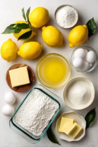 Ingredients for lemon bars recipe with lemon juice including fresh lemons, eggs, butter, sugar, flour, and lemon zest laid out on a white surface
