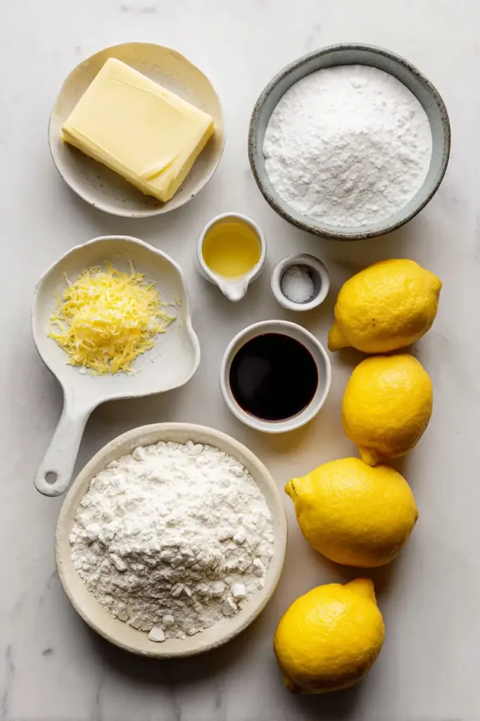 Lemon Shortbread Cookies (Easy Slice-and-Bake Recipe) 3 Ingredients for lemon shortbread cookies including butter, flour, sugar, fresh lemons, lemon zest, and vanilla extract laid out on a light kitchen surface.