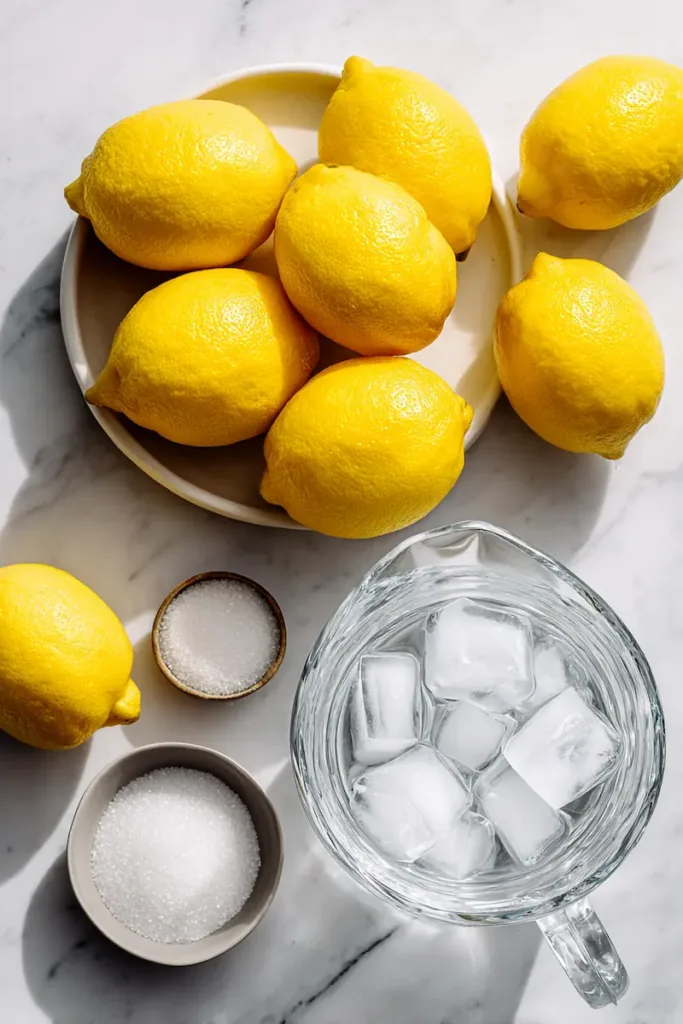 Fresh lemons, granulated sugar, and water arranged on a marble surface for old fashioned lemonade recipe