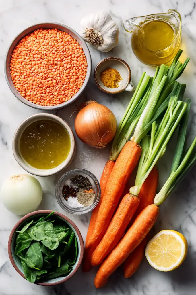 Flat lay of ingredients for anti-inflammatory hearty lentil vegetable soup including red lentils, carrots, celery, onion, garlic, turmeric, and spinach.