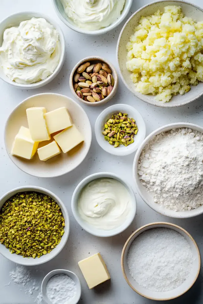 Easy Pistachio Dessert (Creamy Lush Recipe You’ll Make Again and Again) 3 Ingredients for pistachio dessert including pistachio pudding mix, cream cheese, whipped topping, butter, flour, sugar, milk, and chopped pistachios arranged on countertop