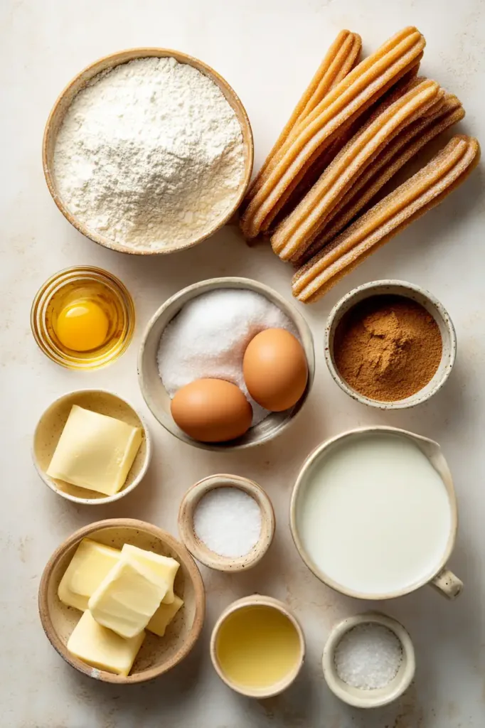 Ingredients for an easy churros recipe including flour, eggs, butter, sugar, cinnamon, and oil arranged on a countertop
