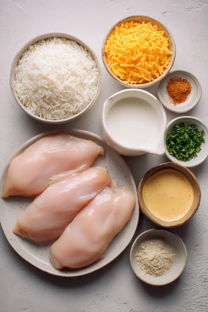 Easy One-Pan Chicken and Rice Recipes That Always Work 3 Ingredients for chicken and rice recipes including raw chicken breasts, white rice, cheddar cheese, cream soup, milk, and seasonings