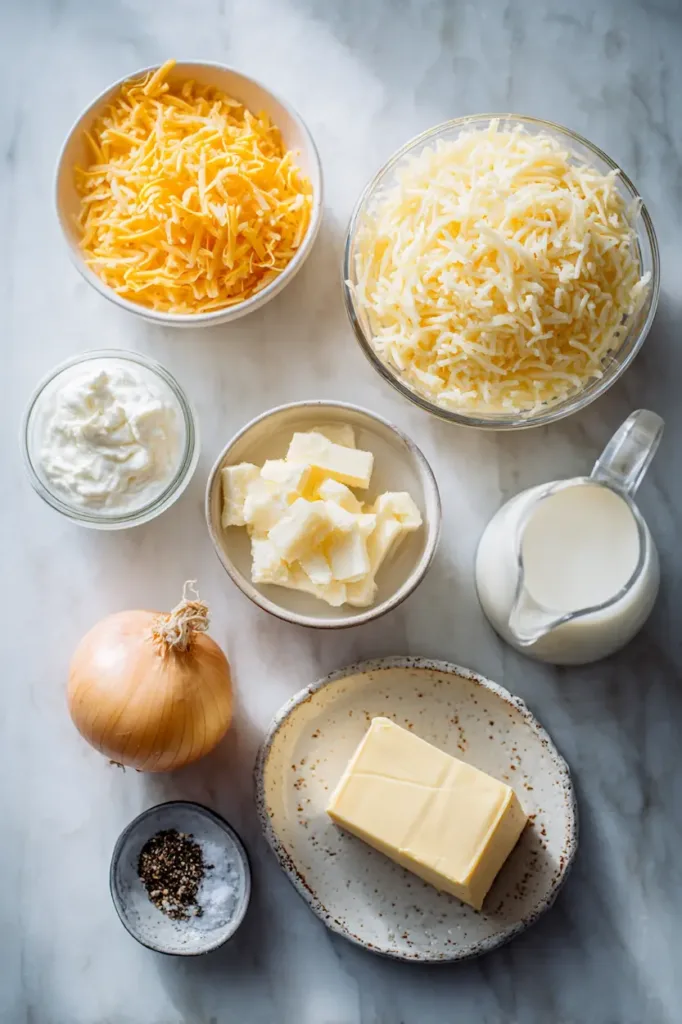 Ingredients for cracker barrel hashbrown casserole including frozen hashbrowns, cheddar cheese, sour cream, butter, onion, and cream of chicken soup