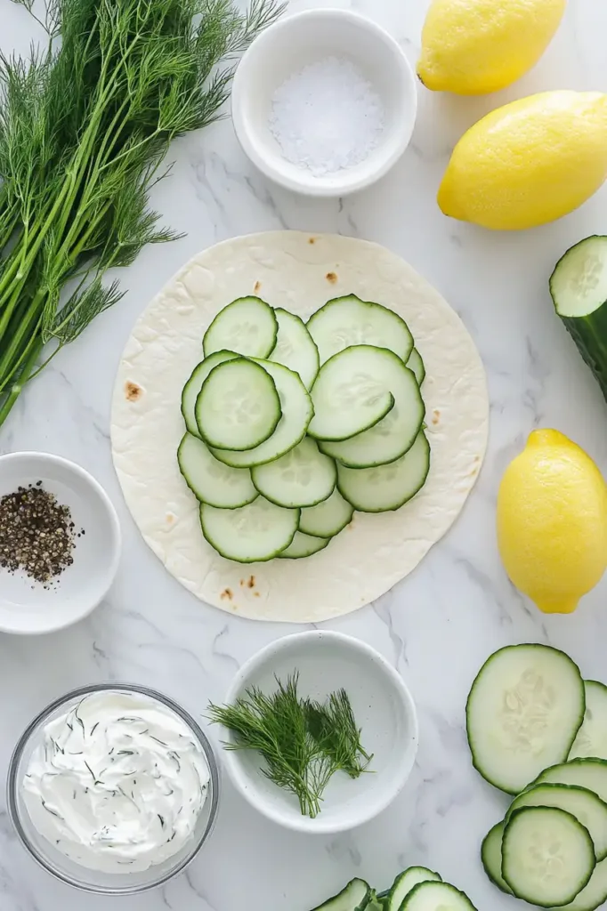 Ingredients for cucumber and dill pinwheels including flour tortillas, fresh cucumber, cream cheese, dill, lemon, garlic powder, salt and pepper arranged on a light surface