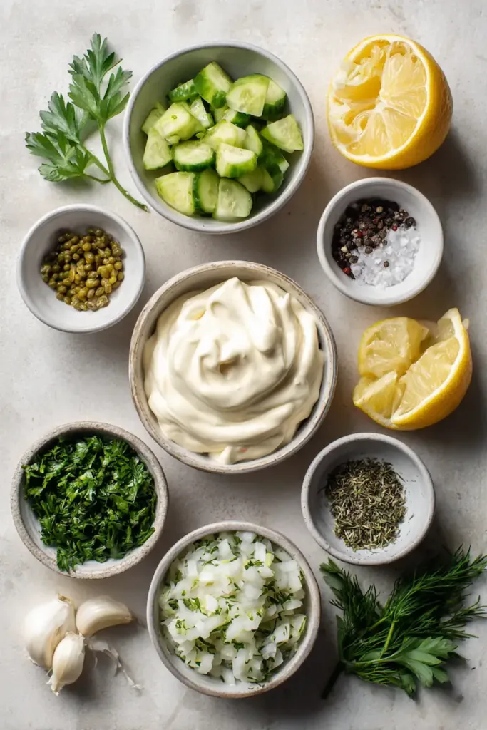 Ingredients for easy homemade tartar sauce recipe including mayonnaise, dill pickles, lemon, parsley, dill, capers, and garlic powder arranged in small bowls