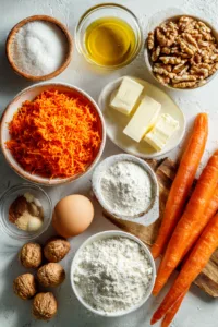 Ingredients for homemade carrot cake recipe including grated carrots, flour, eggs, oil, sugar, cinnamon, and cream cheese