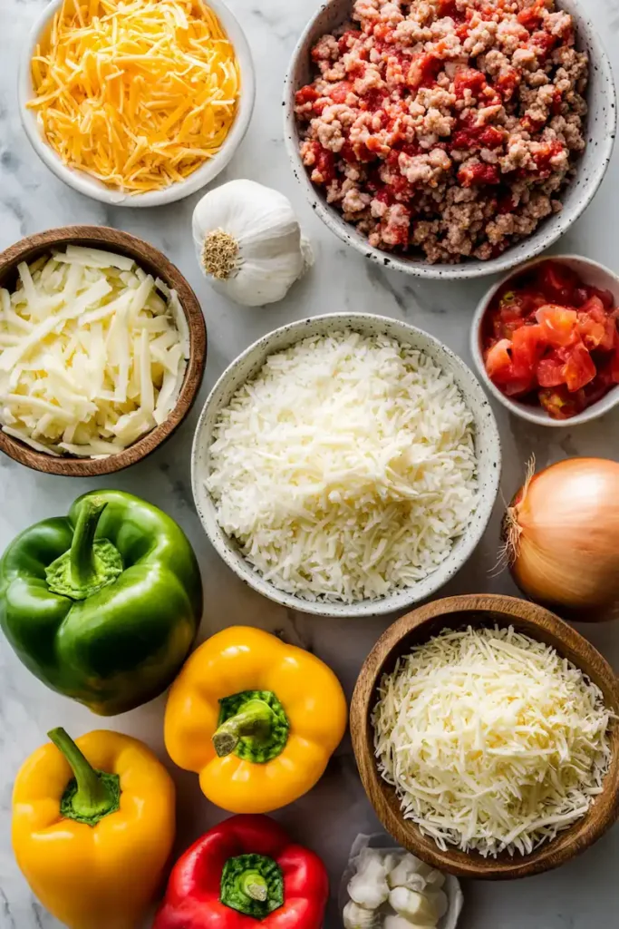 Ingredients for stuffed pepper casserole including bell peppers, ground Italian sausage, rice, cheese, tomatoes, onion, and garlic
