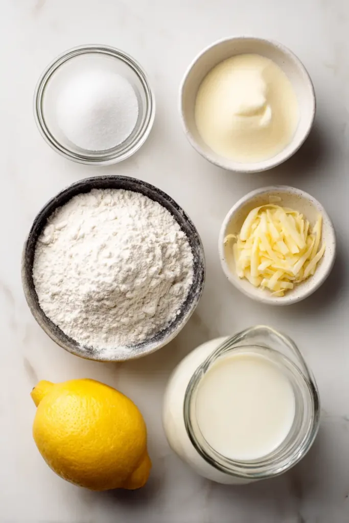 Ingredients for lemon mug cake including flour, sugar, milk, butter, lemon juice and zest on marble surface