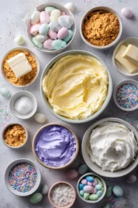 No Bake Easter Mini Cheesecakes Easy Recipe 5 Cream cheese, graham cracker crumbs, butter, powdered sugar, vanilla extract, heavy cream, pastel food coloring, and Easter sprinkles arranged for no bake Easter mini cheesecakes.