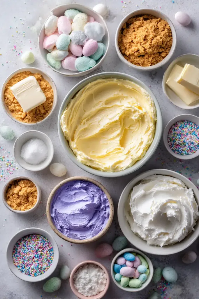 No Bake Easter Mini Cheesecakes Easy Recipe 3 Cream cheese, graham cracker crumbs, butter, powdered sugar, vanilla extract, heavy cream, pastel food coloring, and Easter sprinkles arranged for no bake Easter mini cheesecakes.