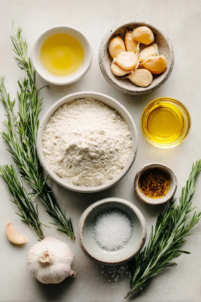 Flat lay of flour, roasted garlic, fresh rosemary, yeast, olive oil, salt, and water for no knead rosemary garlic bread