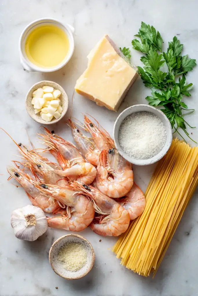 Easy Shrimp Alfredo Recipe (High-Protein, Family-Friendly Dinner) 3 Raw shrimp, fettuccine pasta, heavy cream, butter, garlic, and Parmesan cheese arranged on a light marble surface for Shrimp Alfredo recipe.