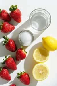 Flat lay of fresh strawberries, whole and halved lemons, granulated sugar in a bowl, and water arranged on a white surface for easy strawberry lemonade recipe.