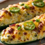 Jalapeno Popper Zucchini Boats baked with melted cheese and sliced jalapeños on a plate